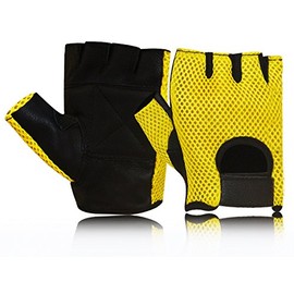 Prime Sports Leather MESH Fingerless Weight Lifting Exercise Gym Wheelchair Gloves Black/Yellow WLG-021 (X-Large)