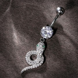 Berlun14g Silver Snake Belly Button Rings Emerald Glasses Sliver Snake Navel Ring Stainless Steel Fake Belly Button Piercing Belly Button Ring Dangle Belly Button Ring Silver BY-001