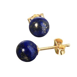 NKlaus Pair of Ball Stud Earrings 6 mm Yellow Gold 585 14 Carat Gold Earrings with Natural Stones Earrings Gemstones Women's Earrings Elegant Earrings, Yellow Gold, Lapis Lazuli