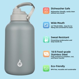 BJPKPK 1 Gallon Water Bottle Insulated, Dishwasher Safe 128oz Large Water Jug with Metal Handle & BPA Free Spout Lid, Stainless Steel Metal Water Bottle for Gym, Sports & Hiking, Grey