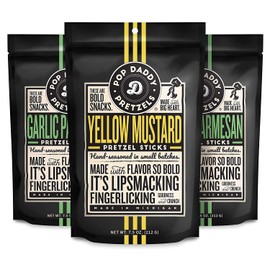 Pop Daddy Flavored Pretzels Sticks | Healthy Gourmet Pretzels Snacks | 7.5oz Variety Pack Pretzels | 3 Pack | Garlic Parmesan (2) and Yellow Mustard (1)