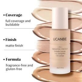 UCANBE Base de maquillaje y corrector 2 en 1, cobertura total con acabado mate para piel normal, mixta y grasa, fórmula resistente al agua con ácido h