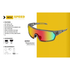 Bobster® Speed Cycling Sunglass, Matte Clear Gray Frame, Smoked Crimson Mirror Lens