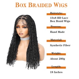 13x8 HD Lace Front Boho Knotless Box Braided Wigs For Women Bohemian Braiding Wig Braid Lace Front Wig With Curly Ends Human Hair Blended Braided Wig With Baby Hair Natural Black 18 Inch