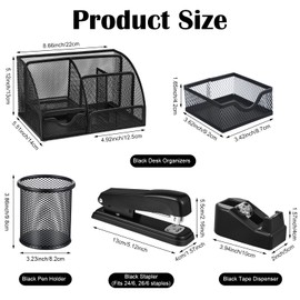 Black Desk Organizer and Accessories, Black Desk Asccessories Office Supply Kit Include Mesh Desktop Organizer Stapler 1000 Staples Tape Dispenser Pen Holder Staple Remover Clips Ruler Scissors