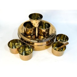 Generic King International Stainless Steel Gold PVD Hammered Spice Box with Steel Lid and 7 Containers and 1 Spoon Spice Box Indian Masala Dabba with 7 Spice Containers, Spoon and Double Lid