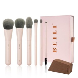 BEILI Mini juego de 6 brochas de maquillaje rosa suave. Brochas de viaje para base, contorno, iluminador y difuminado. Incluye esponja y caja de regalo.