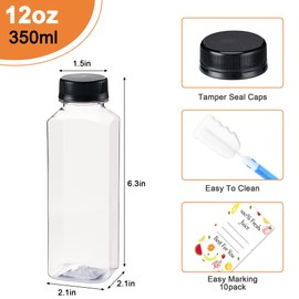 Juice Bottles with Caps 10Pcs 12oz, Plastic Bottleswith Caps, Clear Reusable Water Bottle, Used for Juicing Bottles, Smoothie Bottle, Juice Containers - with 10Pcs Labels & Bottle Brush