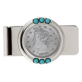 Coin Money Clip - Liberty Nickel | Brass Moneyclip Layered in Silver-Tone Rhodium | Genuine Turquoise Stones | Holds Currency, Credit Cards, Cash | Genuine U.S. Coin | Certificate of Authenticity