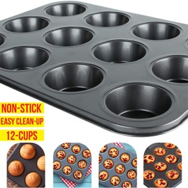 Zuvo Zuvo Nonstick 12 Cup Muffin Tray - BPA Free & Dishwasher Safe Cupcake Pan Muffin Tray with Stain-Resistant, Baking Mould for Muffins or Cupcakes, Bakeware - (Black)