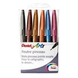Pentel Pack of 6 Flexi Felt-tip Pens for Sketching / Calligraphy Assorted Colours Artist
