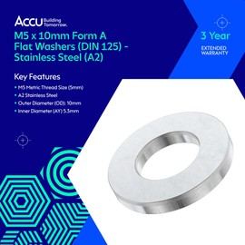 Accu - M5 x 10mm Form A Flat Washers (DIN 125) - Stainless Steel (A2) (Pack of 500)