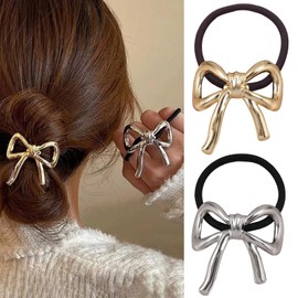 Bow Metal Hair Ties for Thick Hair,Gold Silver Elegant Geometric Hair Ties Metal Bow Hair Accessories Elastic Hair Ties for Women Girls (Bow design)