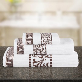 Superior 3-Piece Cotton Towel Set, Decorative Greek Pattern, Home Essentials, Absorbent Towels, Bathroom Decor, Spa, Resort, Includes 1 Hand, 1 Face and 1 Bath Towel, Athens Collection, Chocolate