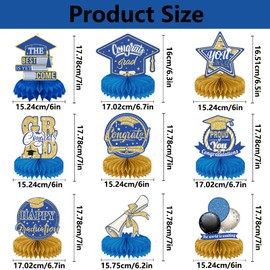 10 Pieces 2023 Graduation Party Table Decorations, LMSHOWOWO Class of 2023 Congrats Grad Honeycomb Centerpieces Congratulate Graduation Table Toppers for Graduation Party Favor Supplies (Blue Gold)