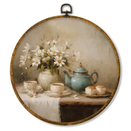 Hiuwevt Vintage Teapot Floral Round Wall Art Decor, Antique Still Life Framed Canvas Prints, Rustic French Country Round Wall Hanging Decor for Home Kitchen Decorations, 10x10 Inches