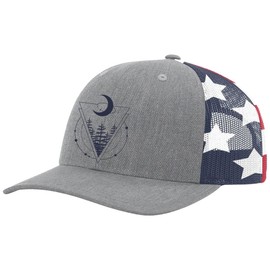 Trenz Shirt Company Men's Retro Geometric Scenic Moon Triangle Mountain Outdoors Woodland Embroidered Mesh Back Trucker Hat, Heather Grey/American Flag