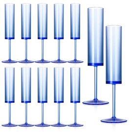 SHIQIKEJIPTY 12 PCS Blue Plastic Champagne Flutes 5.4 OZ Clear Acrylic Champagne Flutes Sparkling Wine Glasses Long Stem Crystal Champagne Glasses For Wedding Baby Shower Anniversary Party
