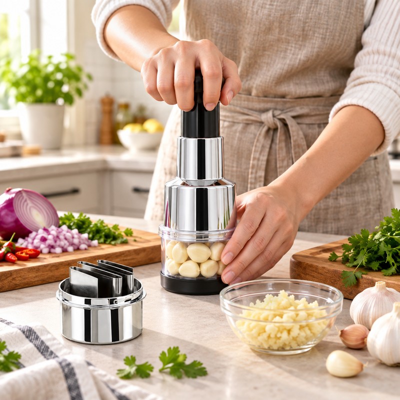 Manual Food Chopper with Storage Container – Hand Press Garlic,