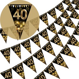 40 Pieces Happy 40th Birthday Banner Bunting Flags Gold and Black Glitter 40th Birthday Anniversary Party Decoration Supplies, 40th Birthday Triangle Flag Banner for Men Women