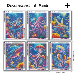 6 Pack Ocean Creatures Diamond Painting Kits for Adults,Colorful Sea Round Drill Diamond Art Kits for Beginners,DIY Marine Animals Crystal Gem Art Painting and Crafts for Home Wall Decor 12x16 lnch.