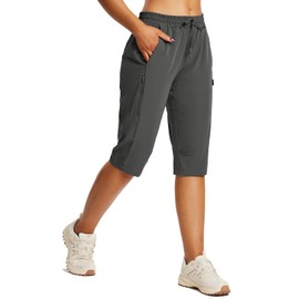 baleaf Women's Below Knee Long Hiking Cargo Shorts UPF 50 3/4 Capri Lightweight Water Resistant Zip Pocket Elastic Waist Dark Grey 2XL