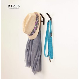 RTZEN Three Decorative Hammered Nail Double Hooks - 3 Handmade Wrought Iron Stylish Hangers for Your Suit, Coat, Hat, Jacket, Robe, Bath Towel | Mug Hooks Hang-All Easy Wall Mount | Black Forged Rod