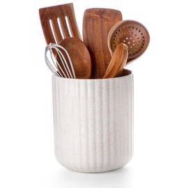 Nucookery Ceramic Utensil Holder for Countertop, 7.2" Large Cooking Utensil Crocks for Kitchen Counter, Farmhouse Kitchen Decor (Sand)