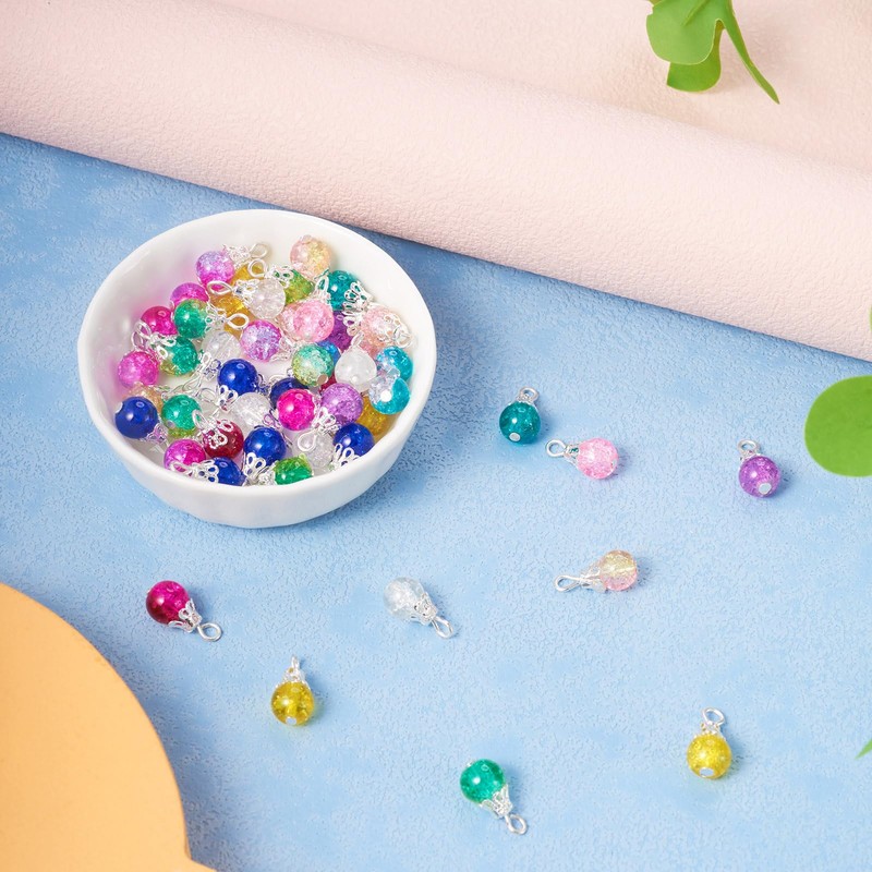 Beadthoven 120Pcs Crackle Glass Crystal Charms Teardrop Glass Dangle Beads