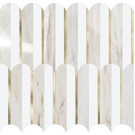 Vamos Tile Peel and Stick Backsplash Seamless Tile for Kitchen and Bathroom,White and Glossy Wooden Marble PVC Mixed Light Gold Self Adhesive Fish Scale Metal Mosaic Tiles (10 Sheets)