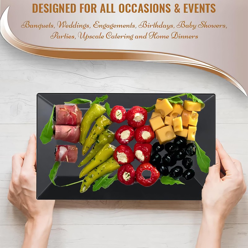 Kaya Elegant Rectangular Black Plastic Dessert Plates (5.5" x 8.5")