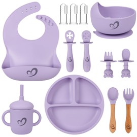 Silicone Baby Feeding Set Essentials,13 Pcs,Baby Led Weaning Supplies, Baby Spoons Suction Bowl Divided Plate Bib Cup Finger Brush,First Stage Solid Food Eating Utensils - 6 Months + (Purple)