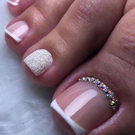 French Tip Press on Toenails Pink Square Fake Toenails Glitter False Toe Nails with Rhinestone Design Glossy Acrylic Glue on Toenails Summer Full Cover Artificial Stick on Toenails for Women 24Pcs