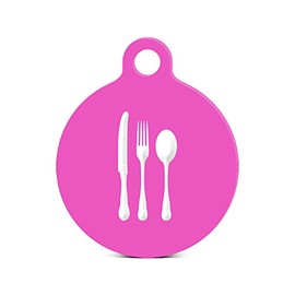 Kitchen Set Round Keychain with Tab Engraved Utensils Knife Fork Spoon Hot Pink