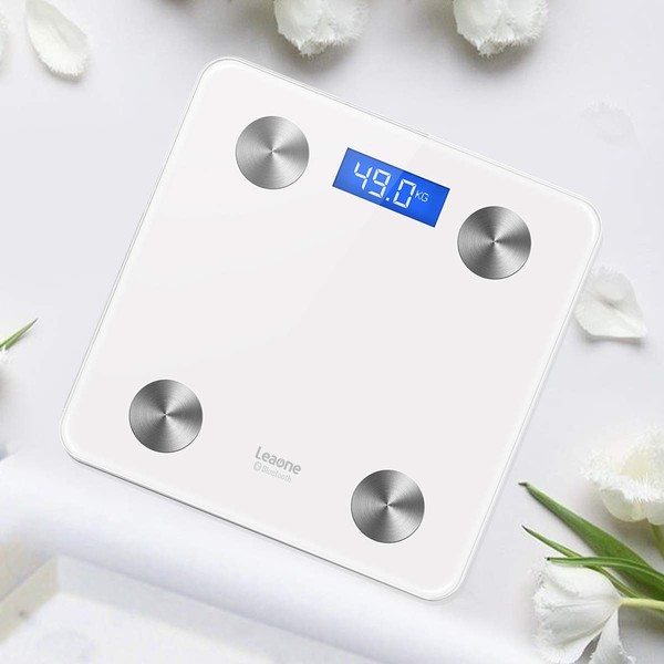 Leaone Scale Digital Weight & Body Fat, Smart Bluetooth Body Weight Bathroom Scale with Step-on Technology iOS & Android App Monitoring, 400lbs Scale (White), 1 Lb