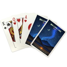 Wallowa Lake, Oregon, Camping Scene, Tent and Night Sky, Mid-Century Style (52 Playing Cards, Poker Size Card Deck with Jokers)