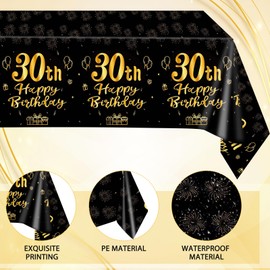Xiliconie - Juego de 3 manteles de 30 cumpleaños, color negro, dorado, decoración de fiesta temática 30, cumpleaños de 30 años, rectangular, desechable, de plástico, negro, para hombres y mujeres