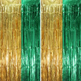 Voircoloria 2 Pack Green and Gold Foil Fringe Backdrop Curtains, Tinsel Streamers Party Decorations, Fringe Backdrop, Door Shimmer for Graduation or Birthday Party