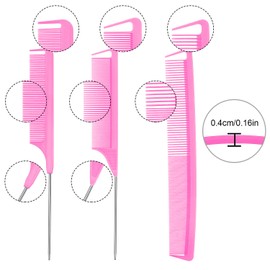 Patelai 6 Pcs Rat Tail Combs Set, 3 Pcs Long Steel Pin Teasing Combs 3 Fine Tooth and Wide Tooth Comb, Metal Parting Combs for Women Men Salon Hair Stylists(Pink)