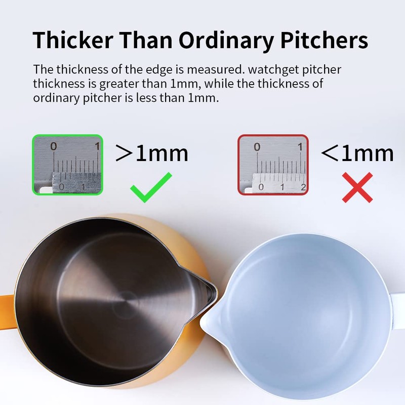 watchget ミルク泡立てピッチャー 250ml (8オンス)ラテアートに適用 エスプレッソマシン用 ステンレススチール製ミルクジャグ カプチーノ、ラテのための最適なエスプレッソ蒸しピッチャーミルクジャグカップ,イエローマットコーティング