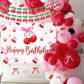 JeVenis Cherry Birthday Backdrop Banner She's The Cherry on Top Balloons Cherry Theme Bow Birthday Decorations Bow Party Decor Cherry Party Decor Props