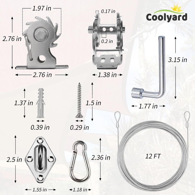 COOLYARD Shade Sail Hardware Kit Ratchet Winch Set Cable Rope