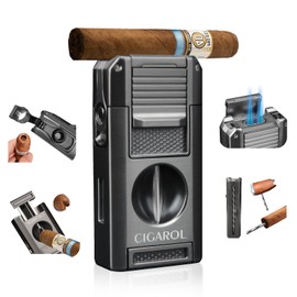 CIGAROL 5-in-1 Cigar Torch Lighter – Double Jet Flame, V Cutter, Punch, Draw Enhancer & Cigar Rest – Butane Refillable Travel Cigar Lighter for Men
