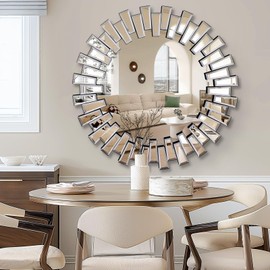 QDSSDECO Round Mirror Sunburst Wall Mirror 24" Beveled Edge Frameless for Living Room Bathroom Bedroom Entryway Decor