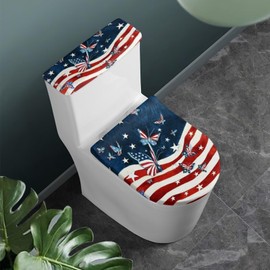 Toilet Lid Cover Tank Lid Cover Stretchable Butterfly American Flag Toilet Seat Covers for Bathroom 2 Pcs Washable Set for Bathroom Fits Most Tanks & Lids