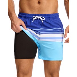 Aueyan Striped Swim Trunks Men Short Swimming Shorts Compression Lined Mens Bathing Suits with Boxer Brief Liner 5 inch Inseam Board Shorts Stretchy,Blue Stripe 2XL XXL