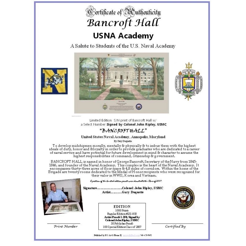 USNA Print signed by Col John Ripley (Navy Cross), USNA