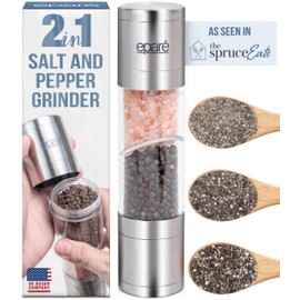 Dual Salt & Pepper Grinder - Manual Combo Mill Grinders - Space Saver 2 in 1 Shaker Mills Set - Stainless Steel Shakers & Combined Travel Case - Eparé