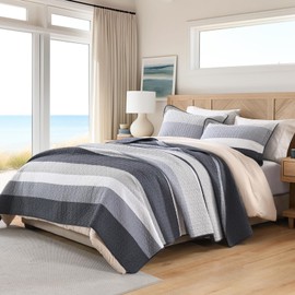 KALOOLA Striped Quilt King Size - 100% Cotton Ultra Soft Lightweight Quilted Bedding Set 3 Pieces, Modern Printed Bedspread with 2 Pillow Shams, Classic Bed Coverlet for All Season, Navy/Gray