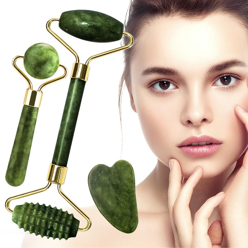 Gua Sha Stone & Face Roller Set Natural Jade Roller